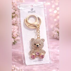 Mint Gold Teddy Keychain with Pink Crystal Paws